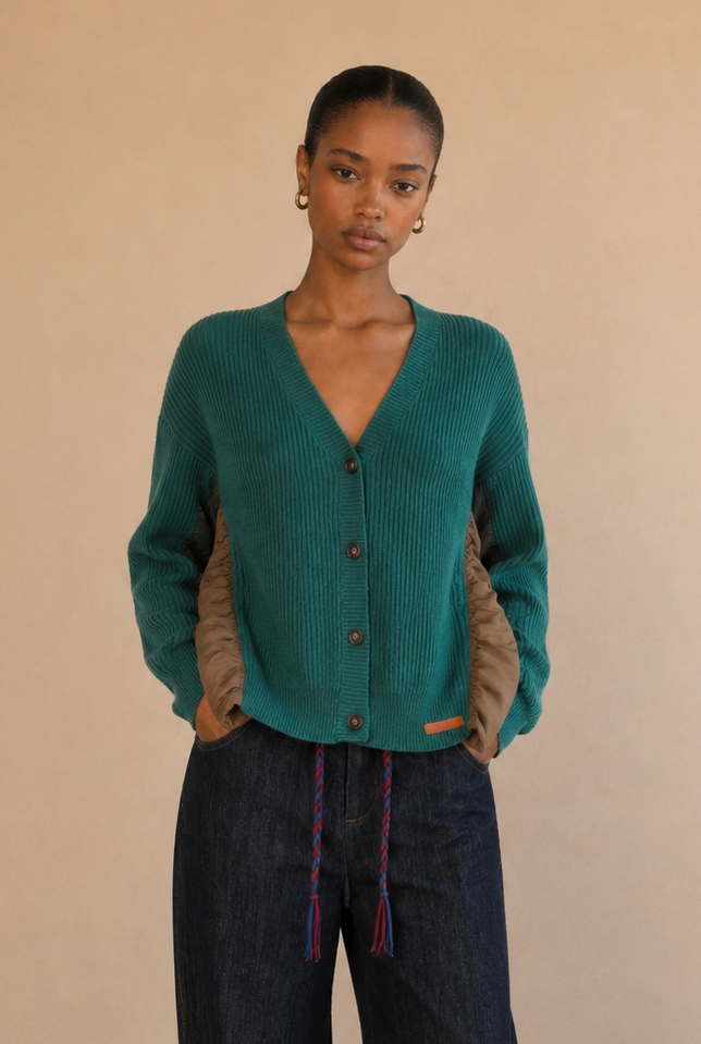 Cardigan bi-matière maille côtelée Anaisa - Vert canard