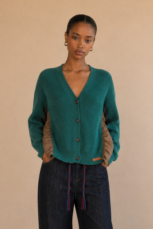 Cardigan bi-matière maille côtelée Anaisa - Vert canard