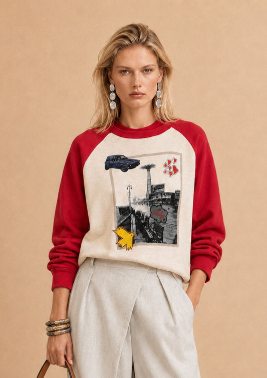 Sweat rétro manches raglan Angelica - Écru et Rouge