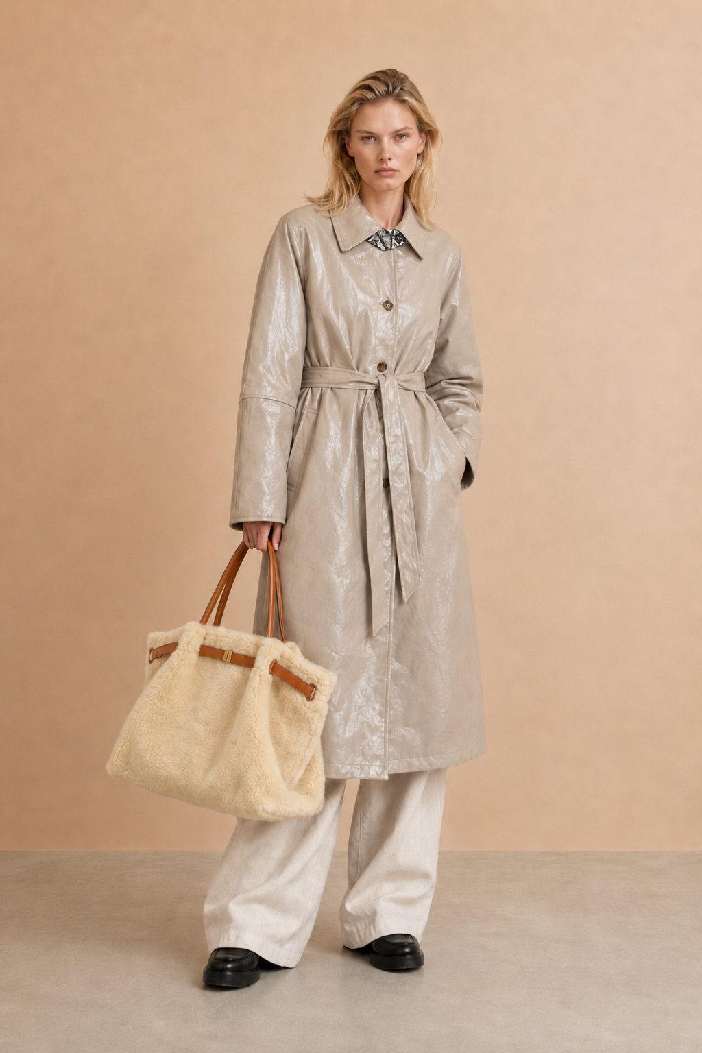 Trench long effet cuir Angie - Coquille d'œuf