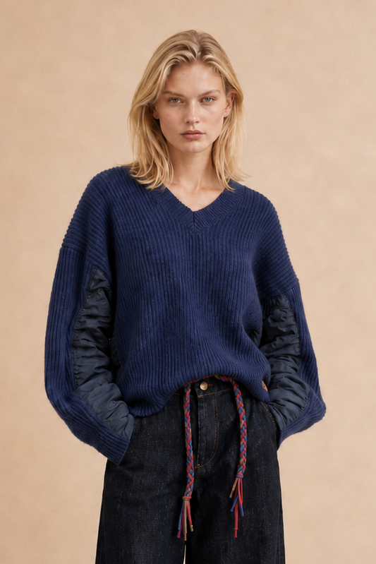 Pull col V bi-matière maille côtelée Anita - Marine