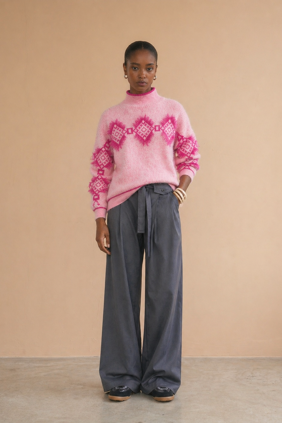 Pull à motifs géométriques rose fuchsia Aurea - Rose