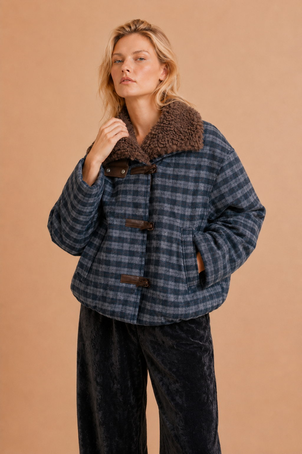 Veste laine col moumoute fourrure marron Aurelio - Carreaux Bleus
