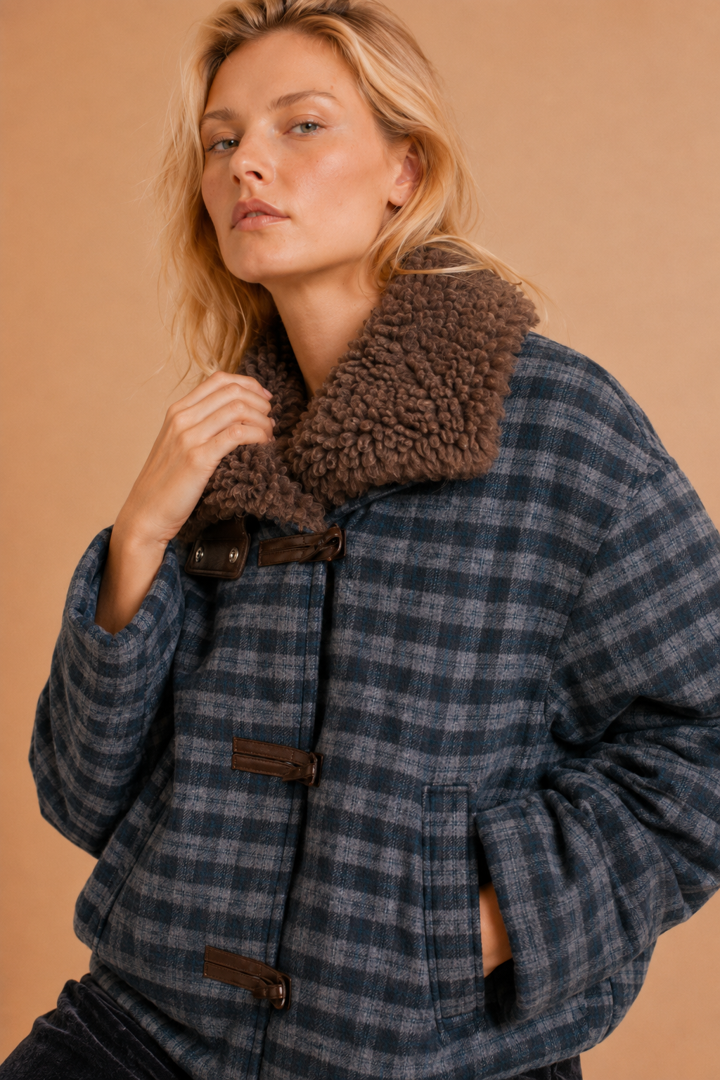 Veste laine col moumoute fourrure marron Aurelio - Carreaux Bleus