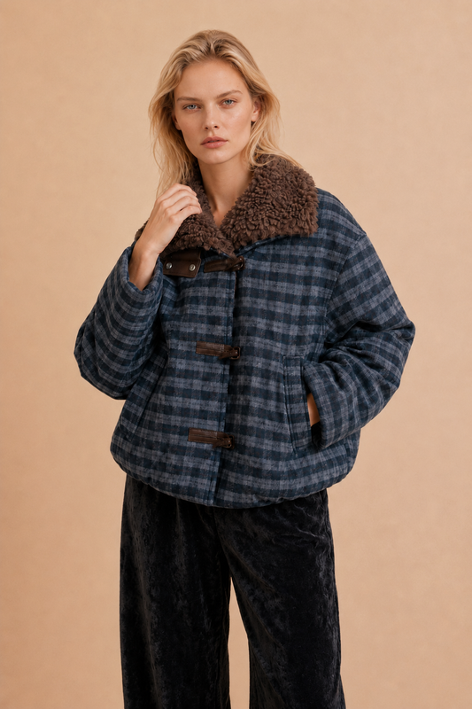 Veste laine col moumoute fourrure marron Aurelio - Carreaux Bleus