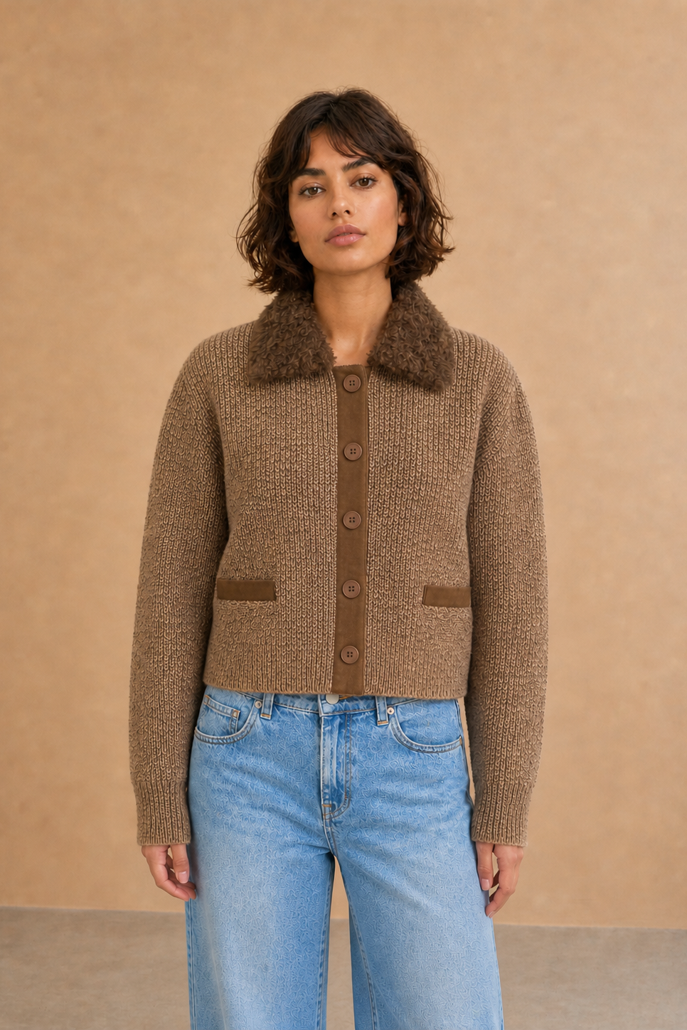 Cardigan en maille à col effet fourrure Benji - Chocolat