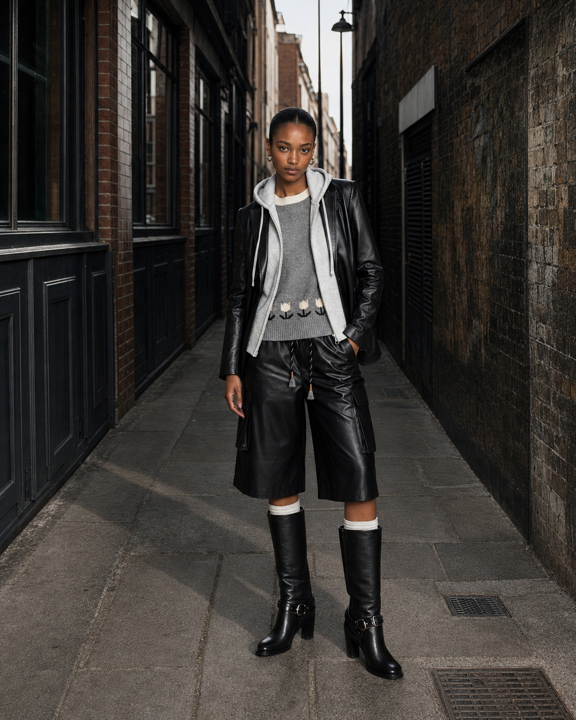 Blazer effet cuir & capuche grise Patcha - Noir