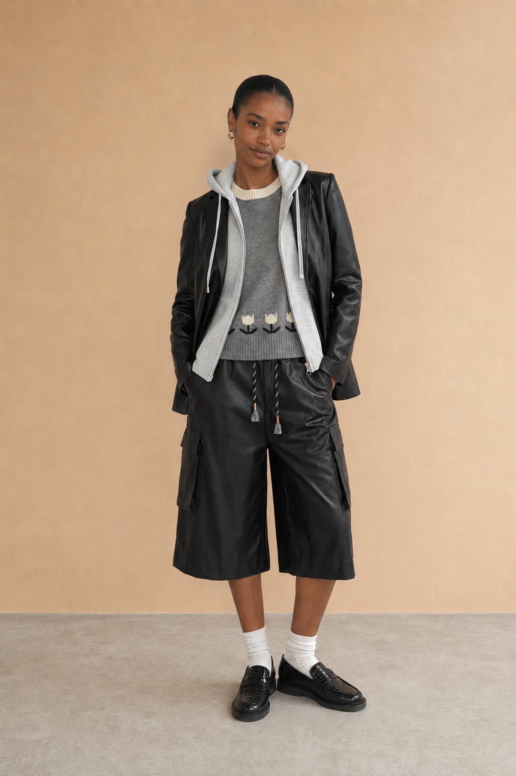 Blazer effet cuir & capuche grise Patcha - Noir