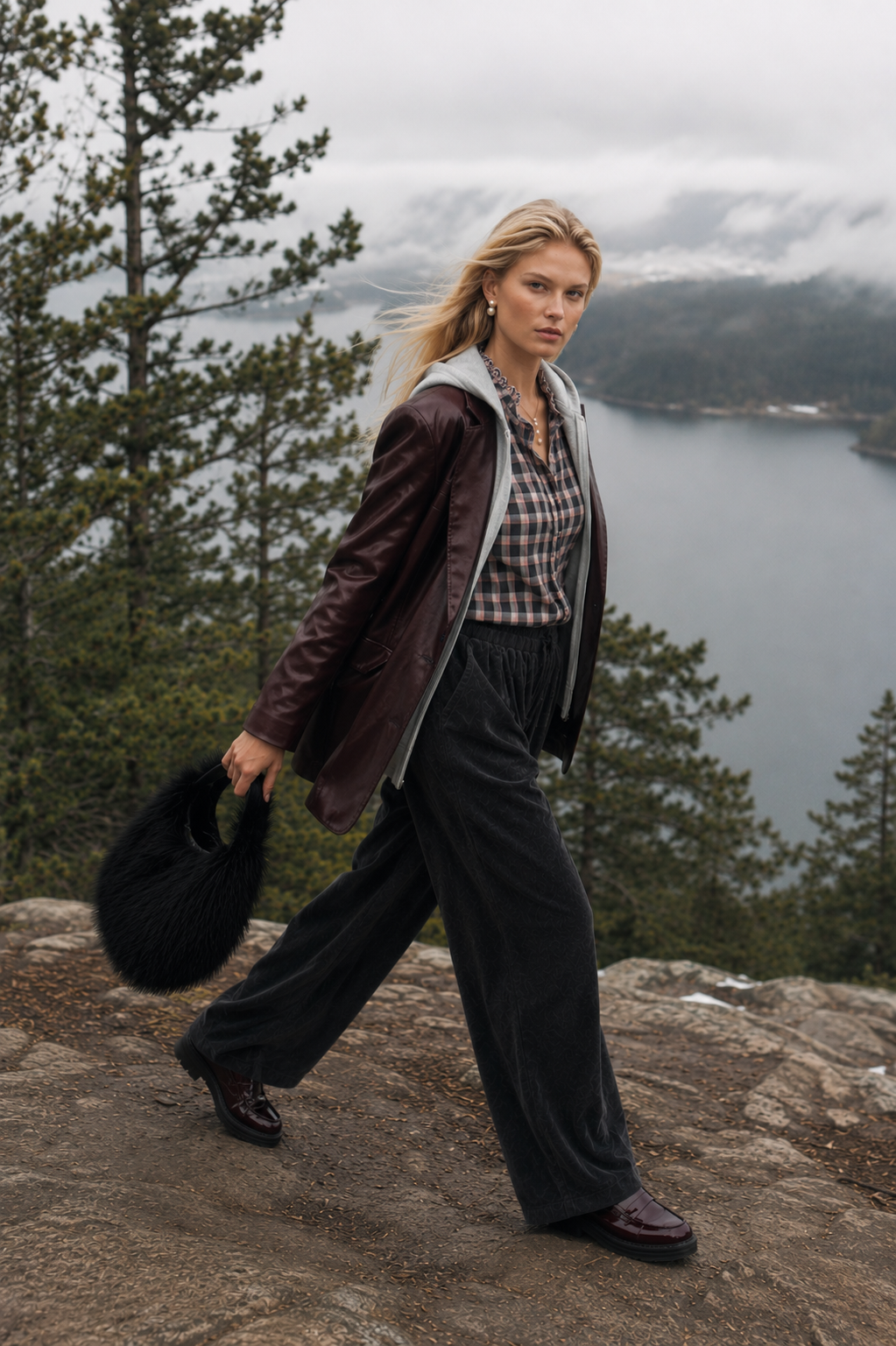 Blazer effet cuir & capuche grise Patcha - Bordeaux