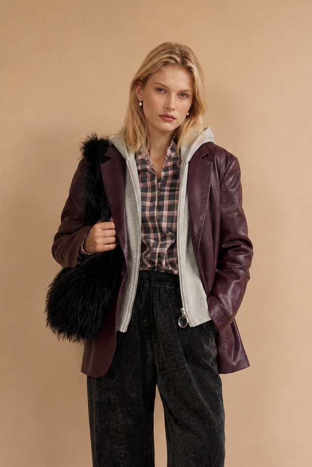 Blazer effet cuir & capuche grise Patcha - Bordeaux