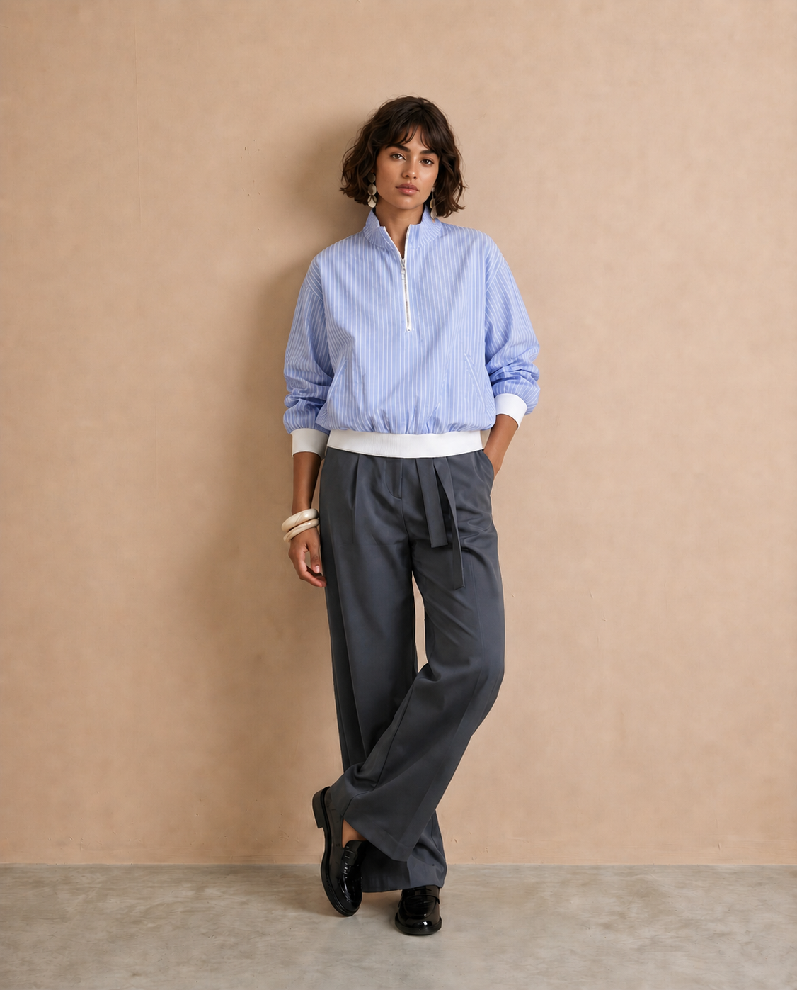 OFFRE LOOK A -30% - Blouson Celina Rayures Ciel + Pantalon Myriam acier