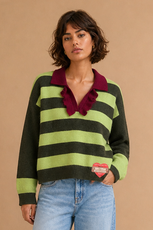 Pull Paulo - Rayures Anis et Kaki