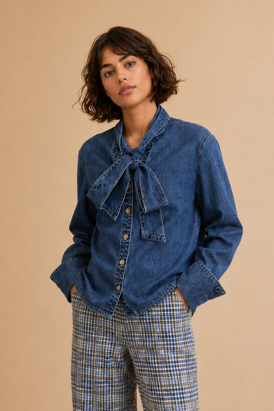 Chemise en jean col lavallière Demmy - Bleu Denim