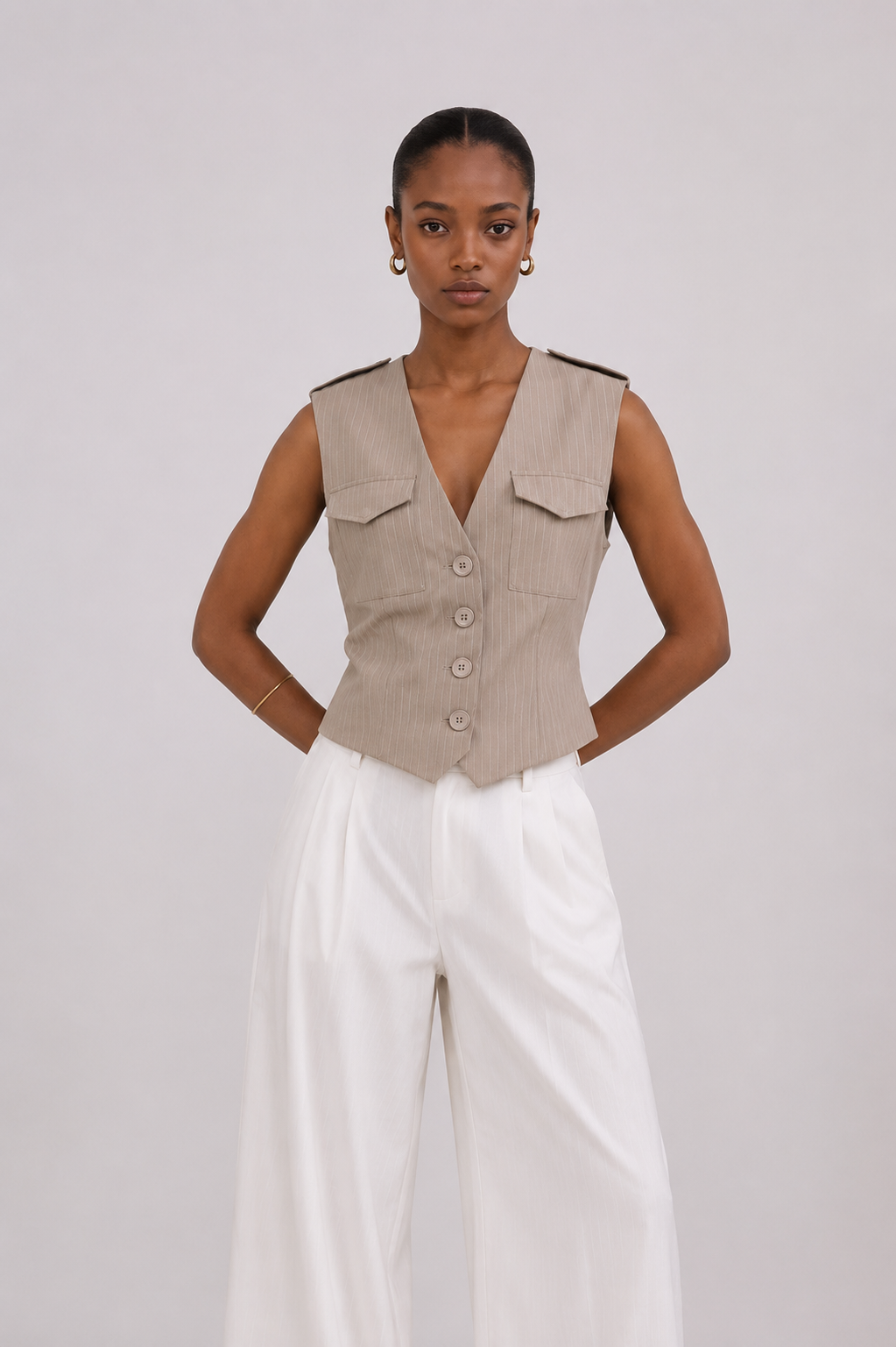 Gilet sans manches Florine rayure Beige