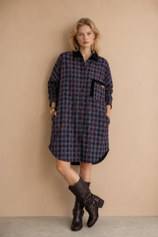 Robe chemise ample Izy - Carreaux bleus et rouges