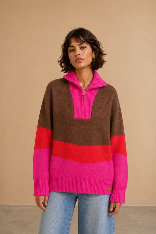 Pull col montant zippé Juliette - Chocolat, rouge et fuchsia