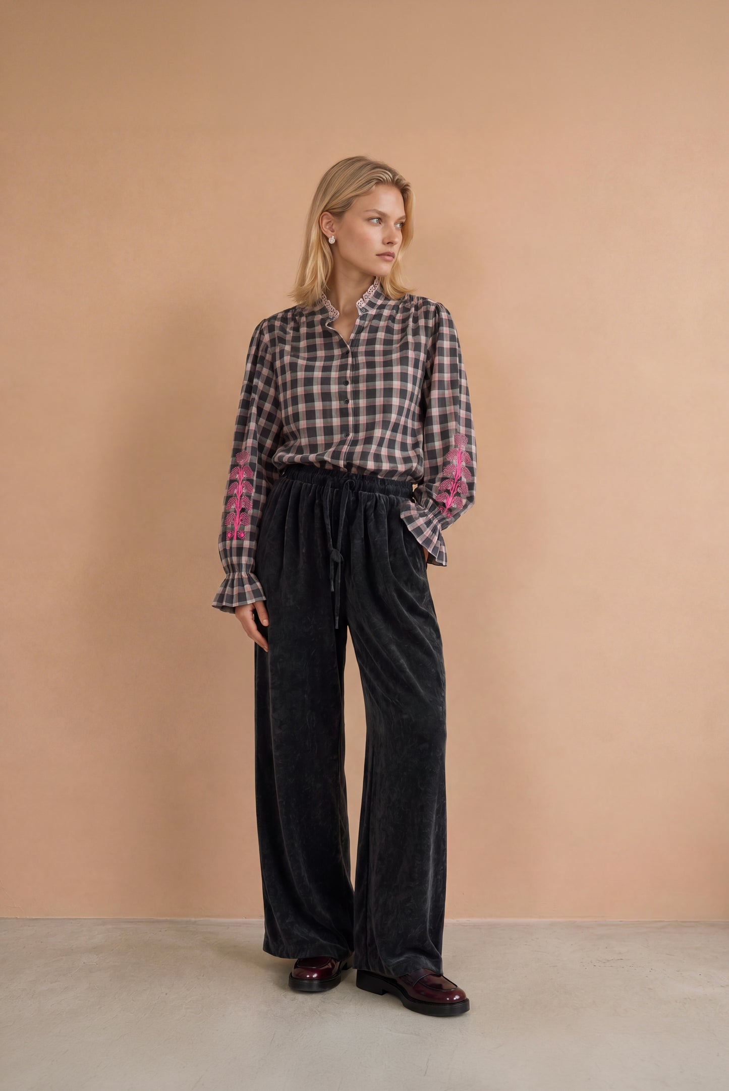 Blouse à manches brodées Kimber - Carreaux Anthracite et Rose