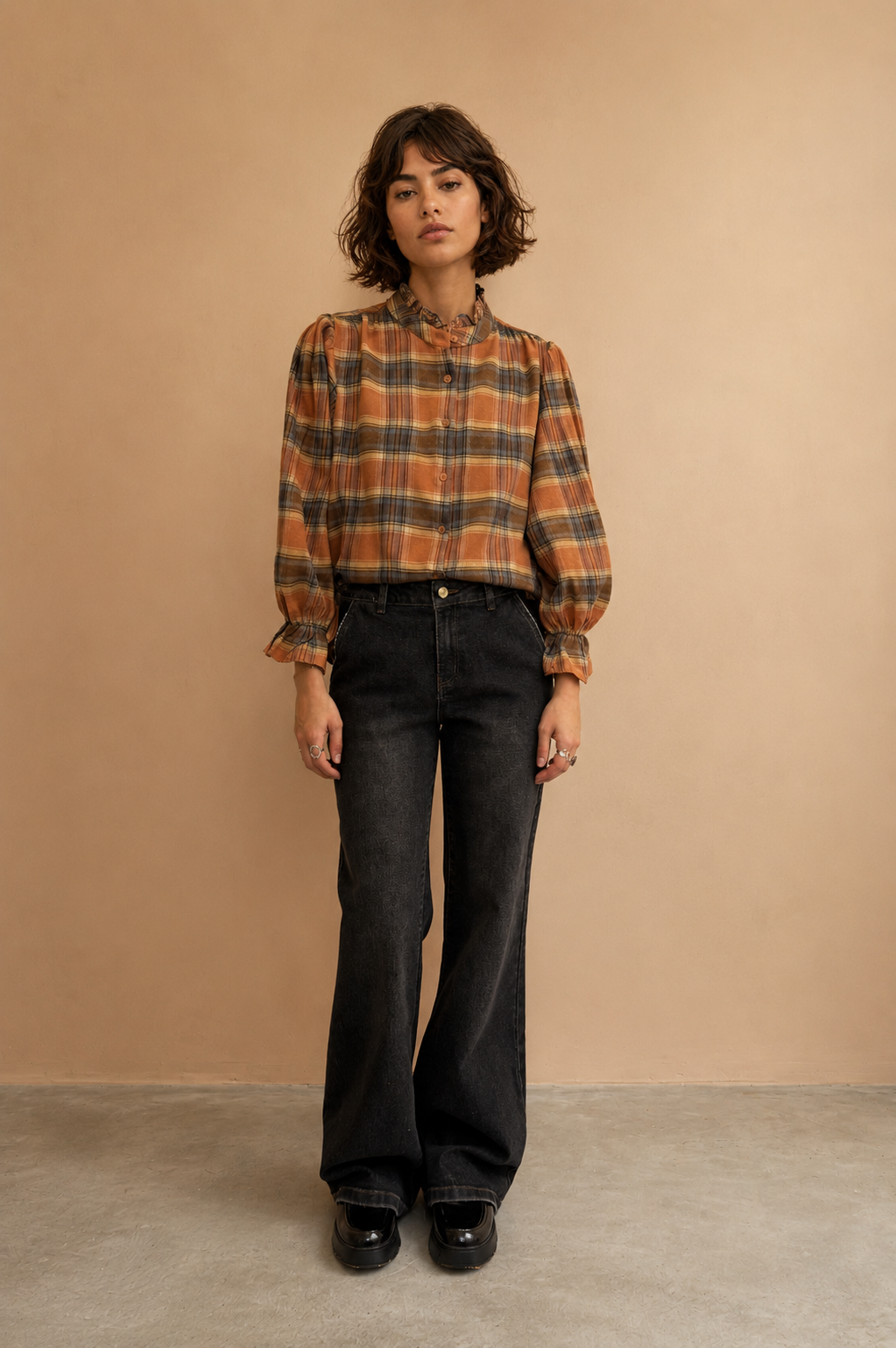 Blouse Kimber - Carreaux Camel et Ciel