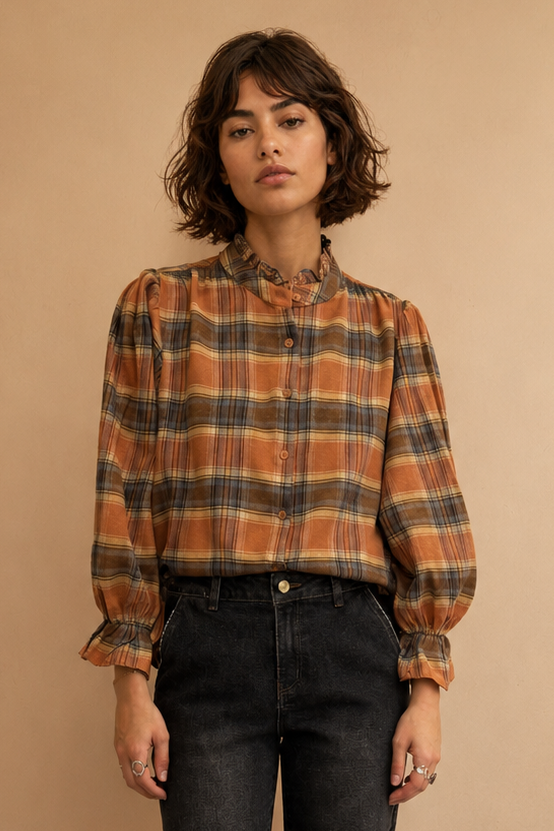 Blouse Kimber - Carreaux Camel et Ciel