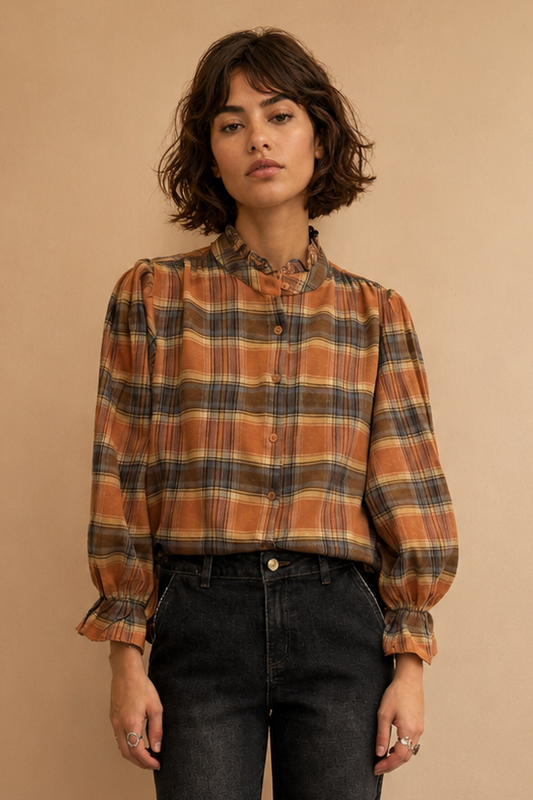 Blouse Kimber - Carreaux Camel et Ciel