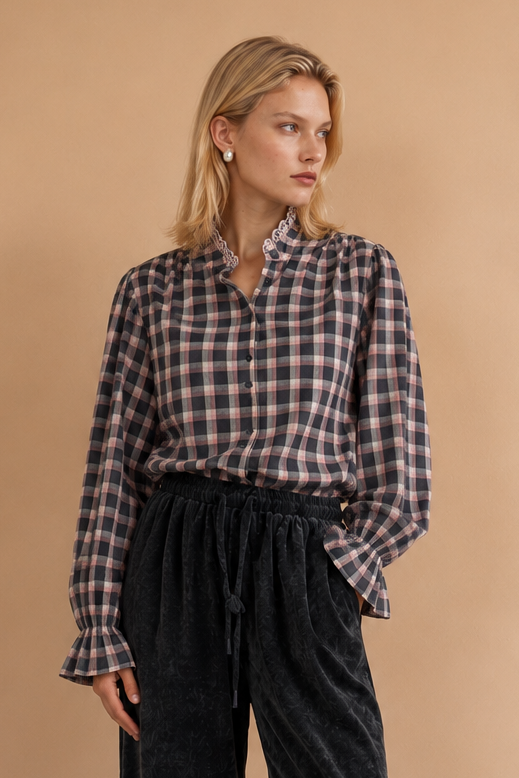 Blouse Kimber - Carreaux Anthracite et Rose