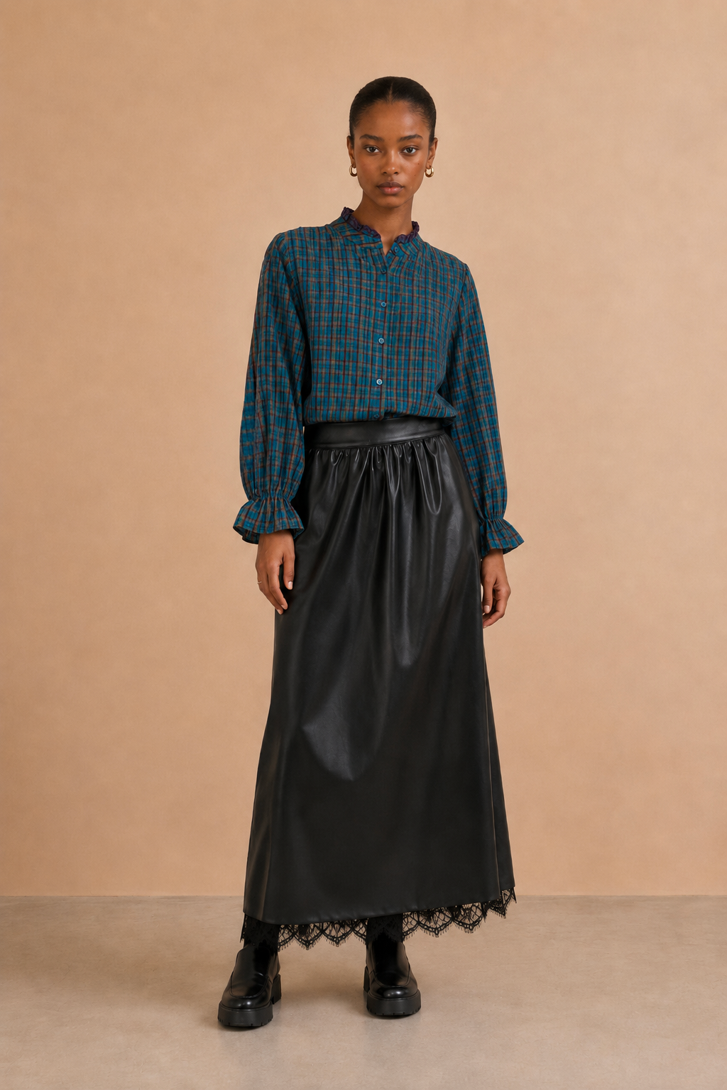 Blouse à manches brodées Kimber - Carreaux Marine et Vert