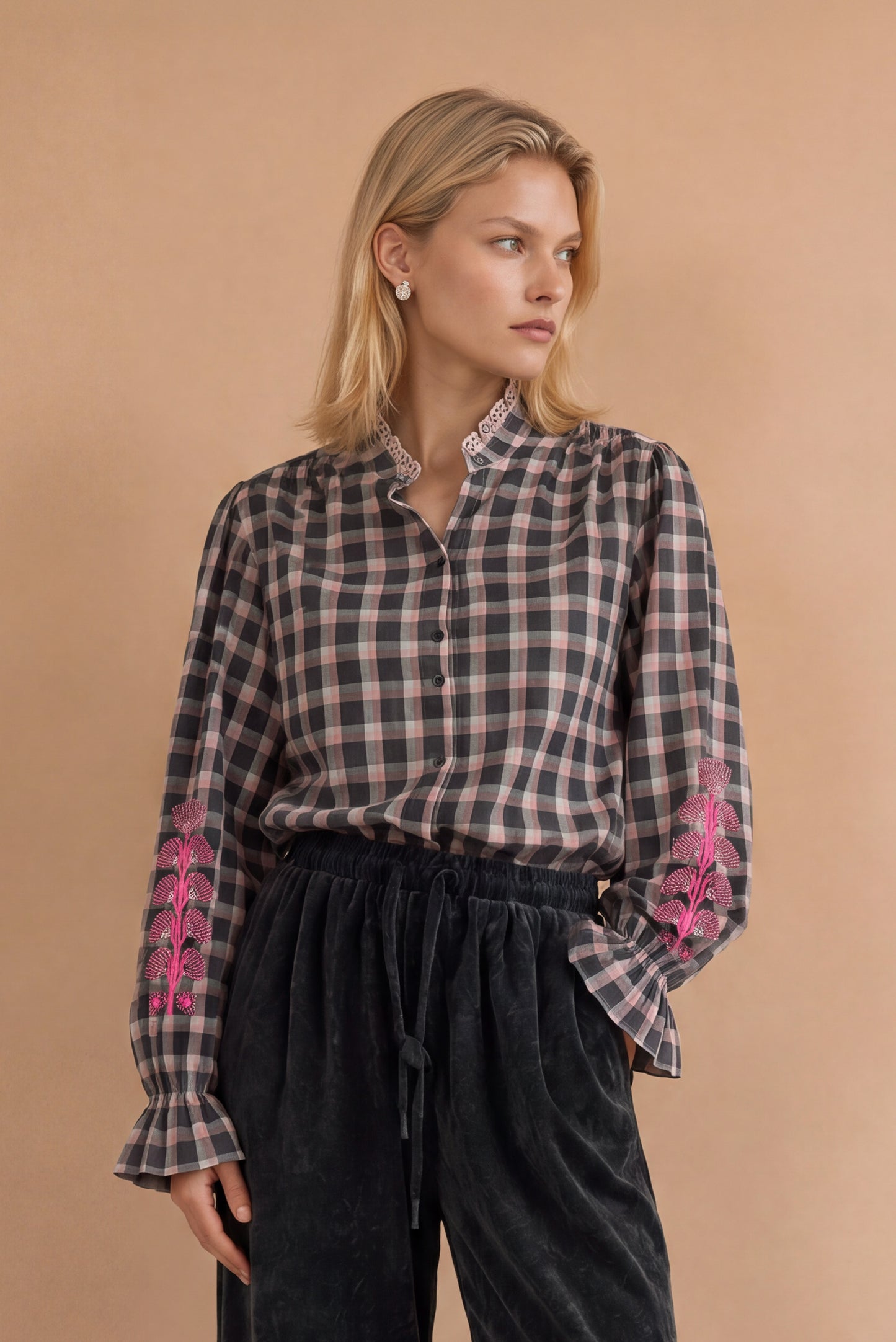 Blouse à manches brodées Kimber - Carreaux Anthracite et Rose