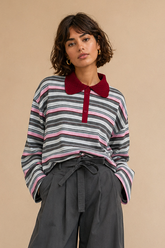 T-shirt manches longues col rouge Lutecia - Rayures anthracite et rose
