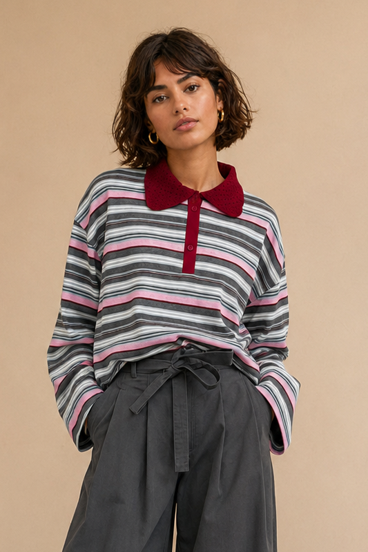 T-shirt manches longues col rouge Lutecia - Rayures anthracite et rose