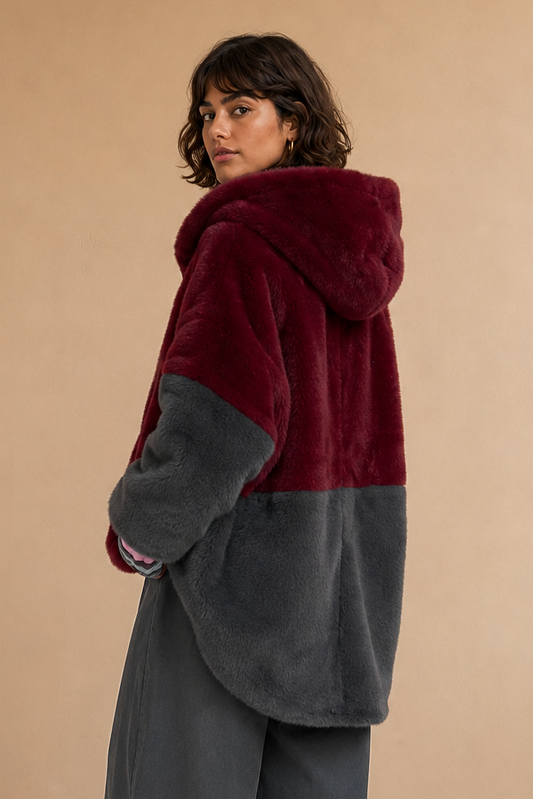 Manteau fausse fourrure à capuche Melie - Mix Bordeaux Carbone