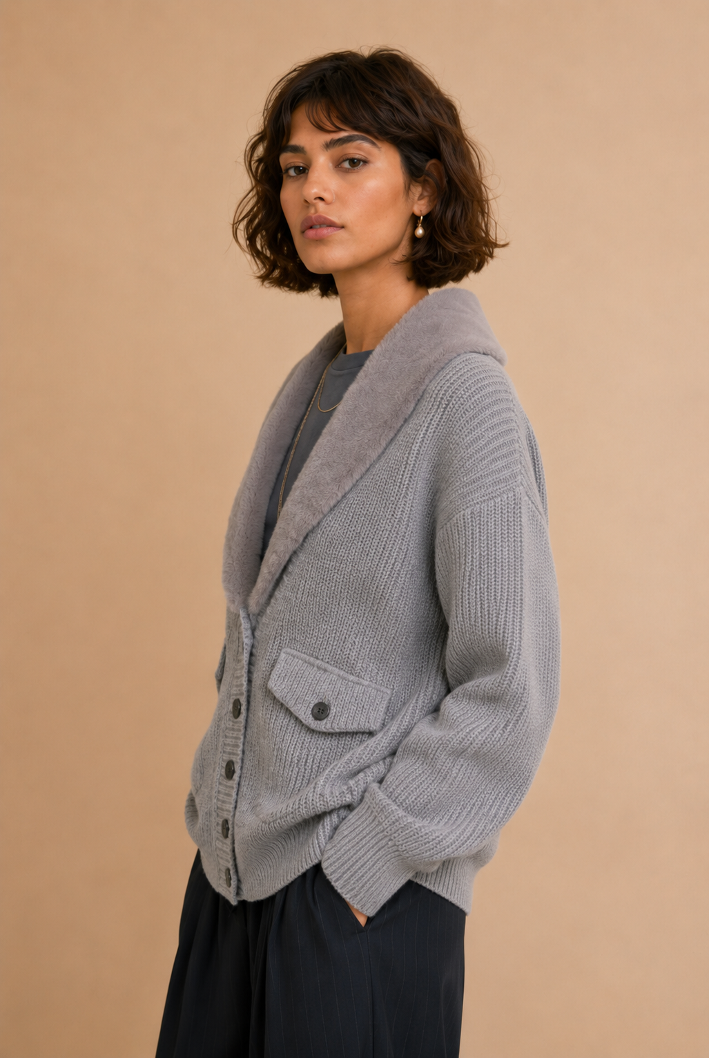 Cardigan Military gris femme en maille | Adoré Paris