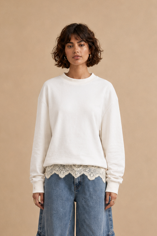 Sweatshirt dentelle col rond en coton Nala - Écru