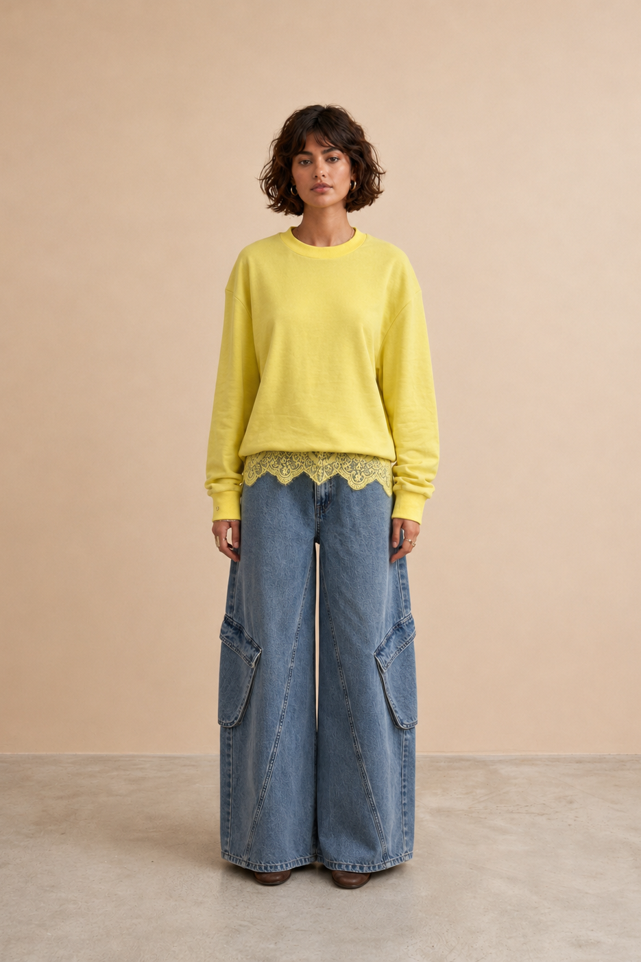 Sweatshirt dentelle col rond en coton Nala - Jaune