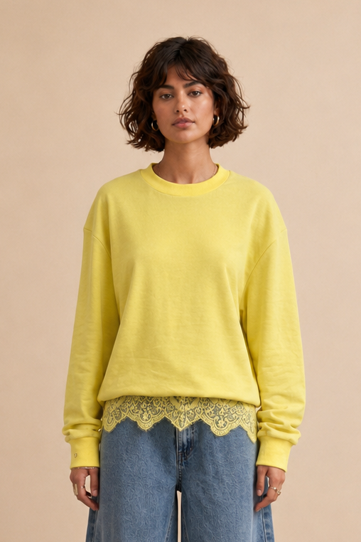 Sweatshirt dentelle col rond en coton Nala - Jaune