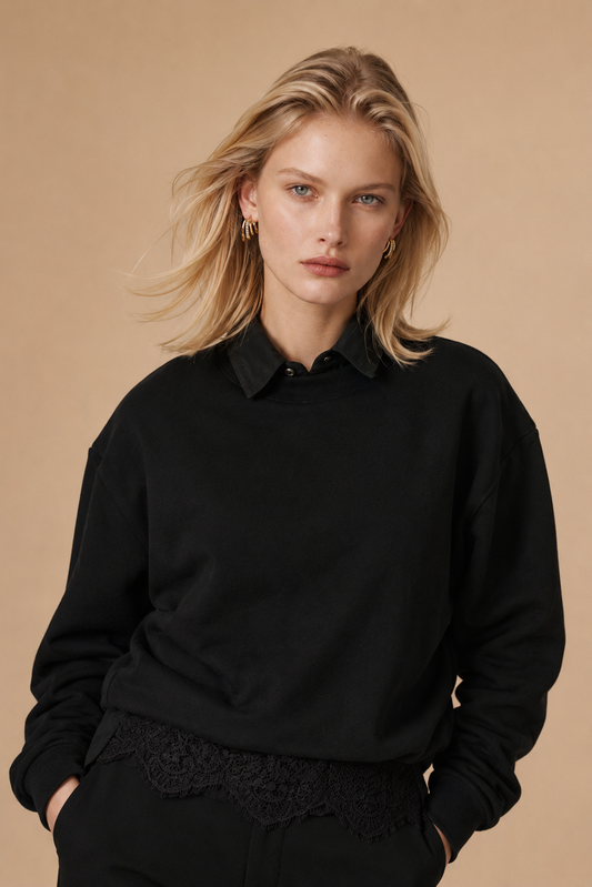 Sweatshirt dentelle col rond en coton Nala - Noir