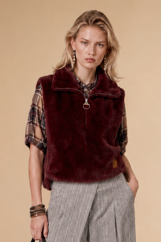 Veste sans manches zippée en fausse fourrure Nappy - Bordeaux
