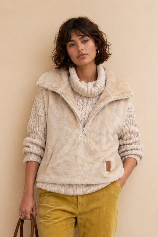 Veste sans manches zippée en fausse fourrure Nappy - Écru