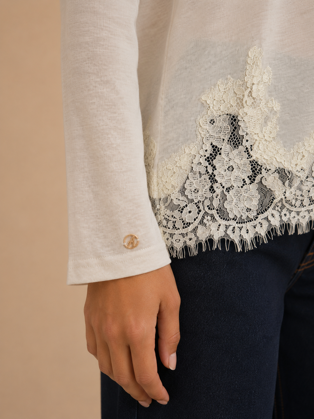 T-shirt manches longues & dentelle Nomina - Ecru