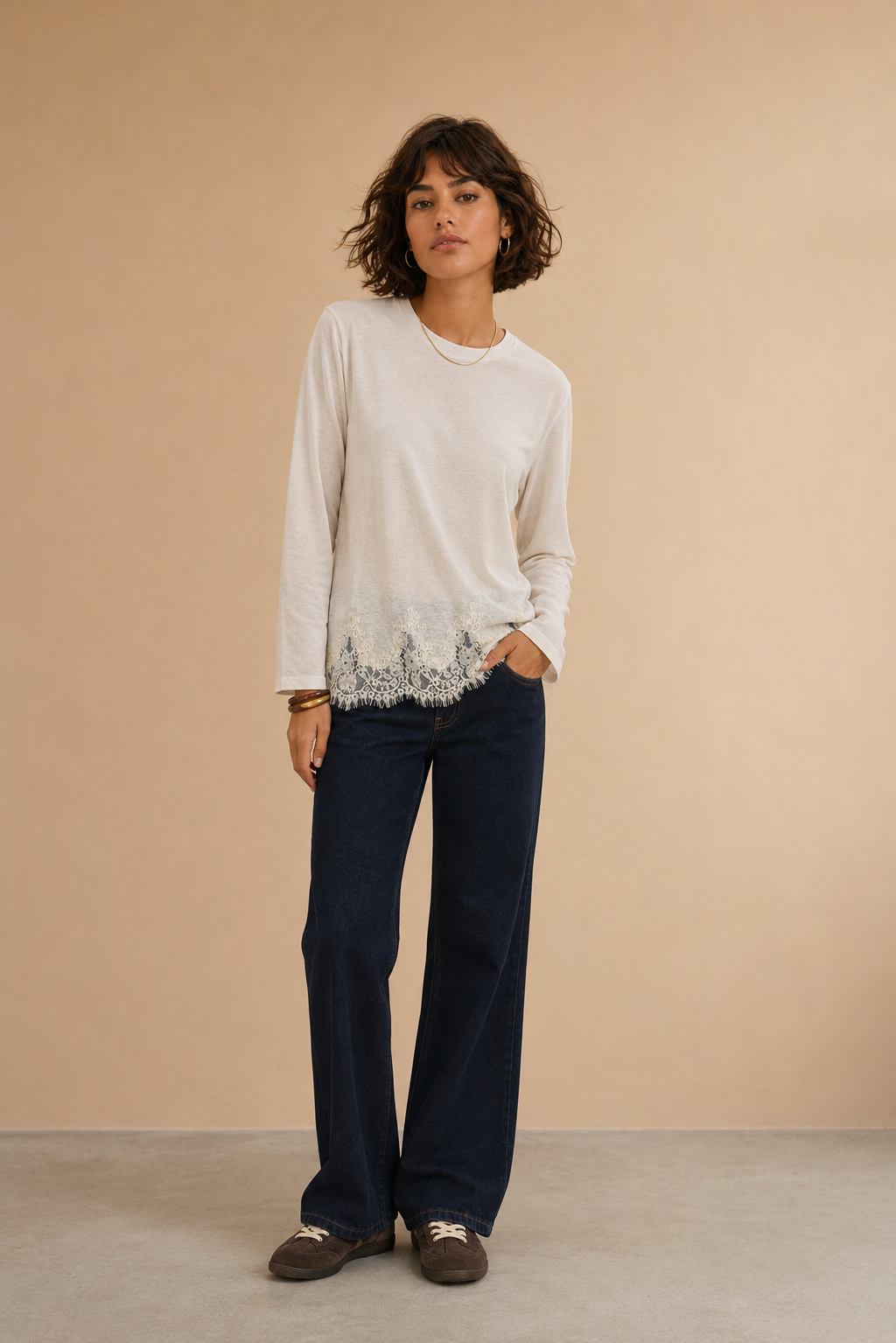 T-shirt manches longues & dentelle Nomina - Ecru