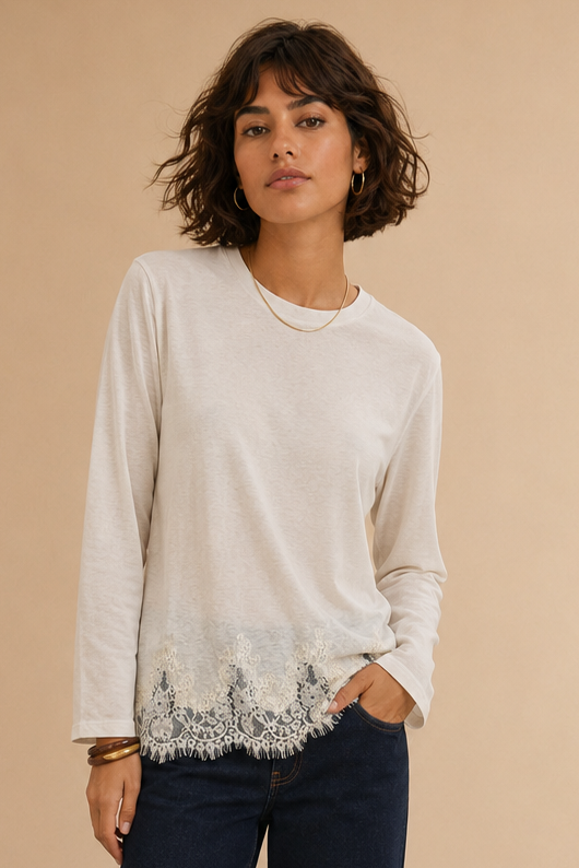 T-shirt manches longues & dentelle Nomina - Ecru