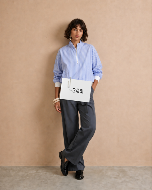 OFFRE LOOK A -30% - Blouson Celina Rayures Ciel + Pantalon Myriam acier
