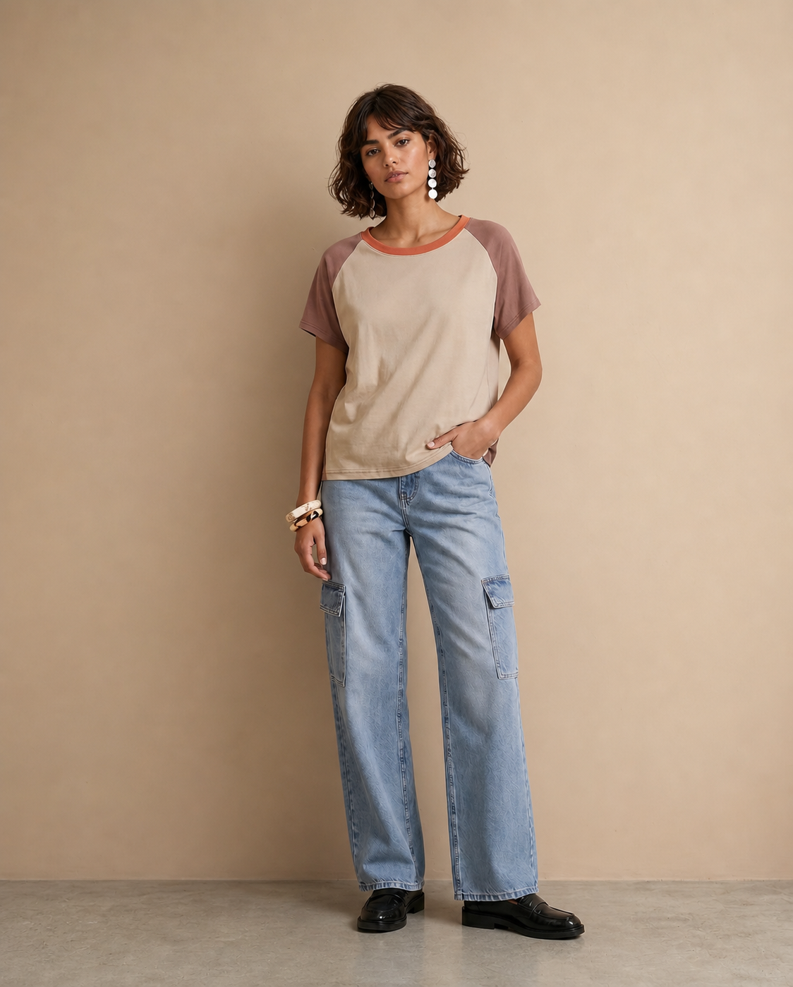 T-shirt col rond Oreane - Mix Orange et Choco
