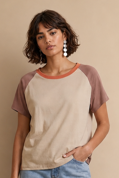T-shirt col rond Oreane - Mix Orange et Choco