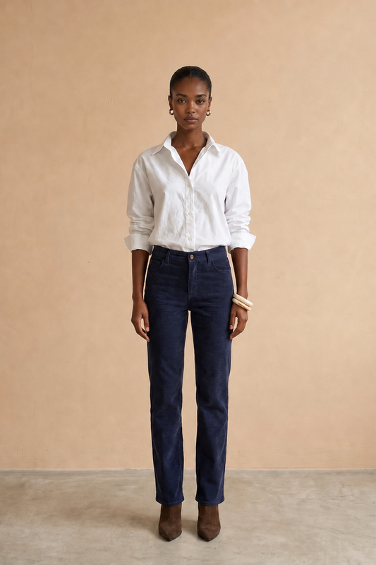 Pantalon en velours taille haute Raquel - Marine