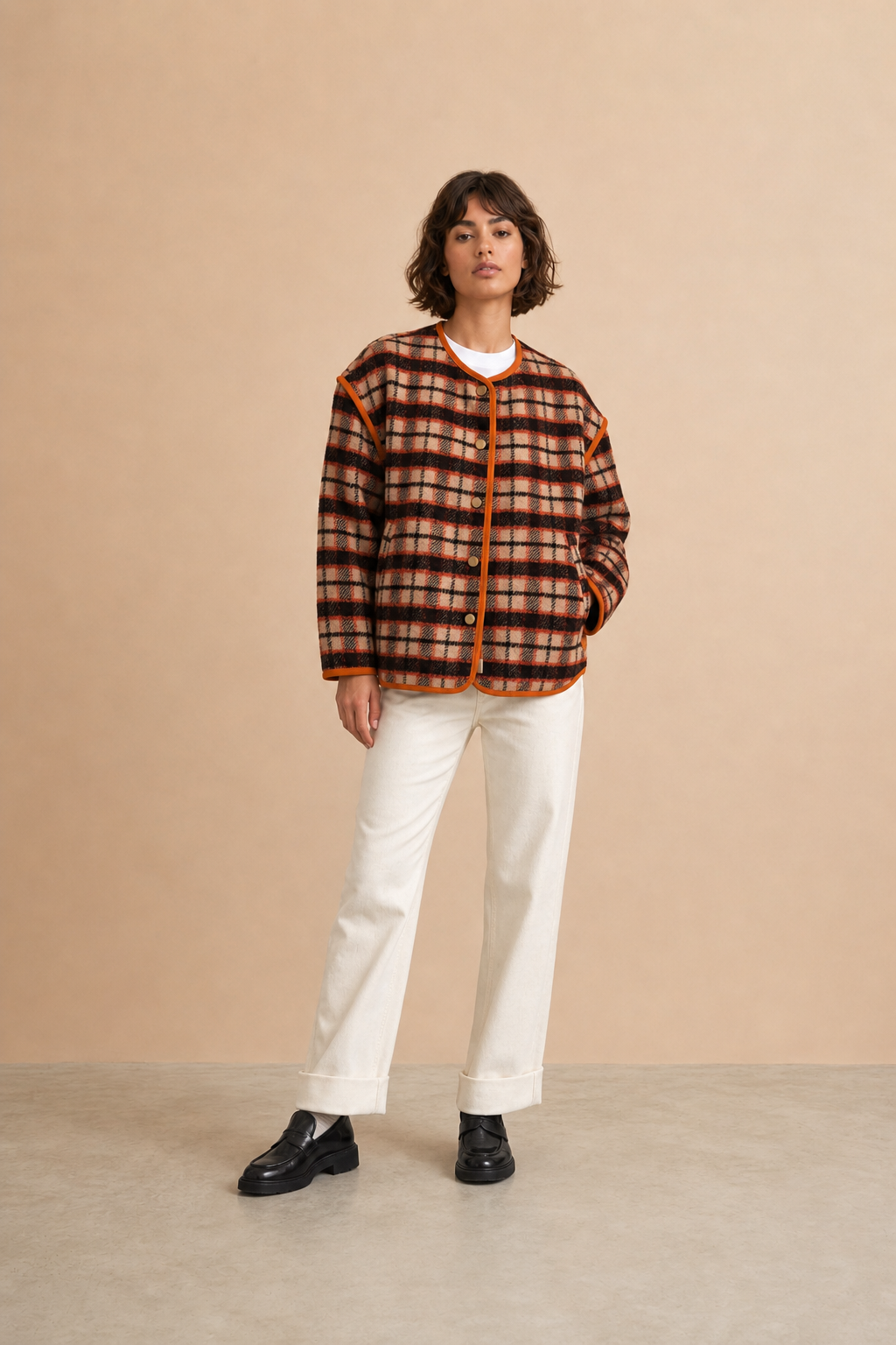 Veste rétro en laine Patricia - Carreaux orange et marron