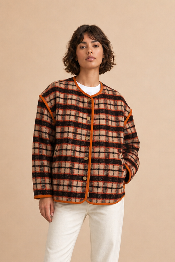 Veste rétro en laine Patricia - Carreaux orange et marron