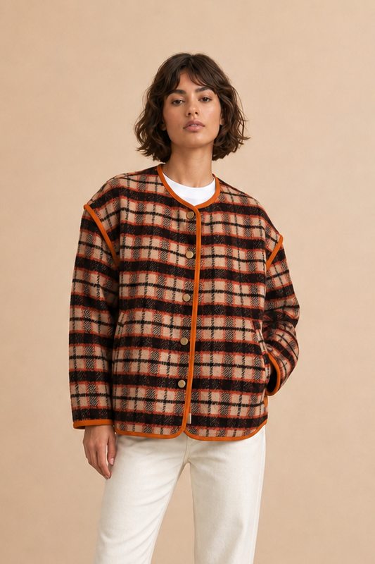 Veste rétro en laine Patricia - Carreaux orange et marron