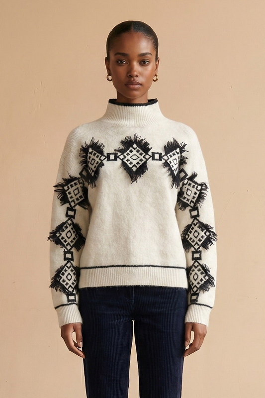 Pull col montant à motifs géométriques noirs Aurea - Écru