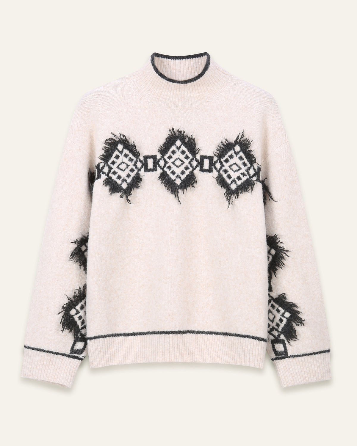 Pull col montant à motifs géométriques noirs Aurea - Écru