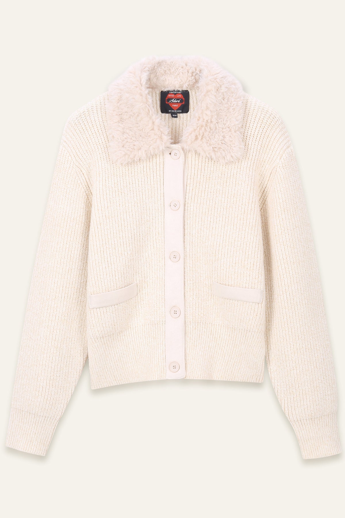 Cardigan en maille à col effet fourrure Benji - Écru